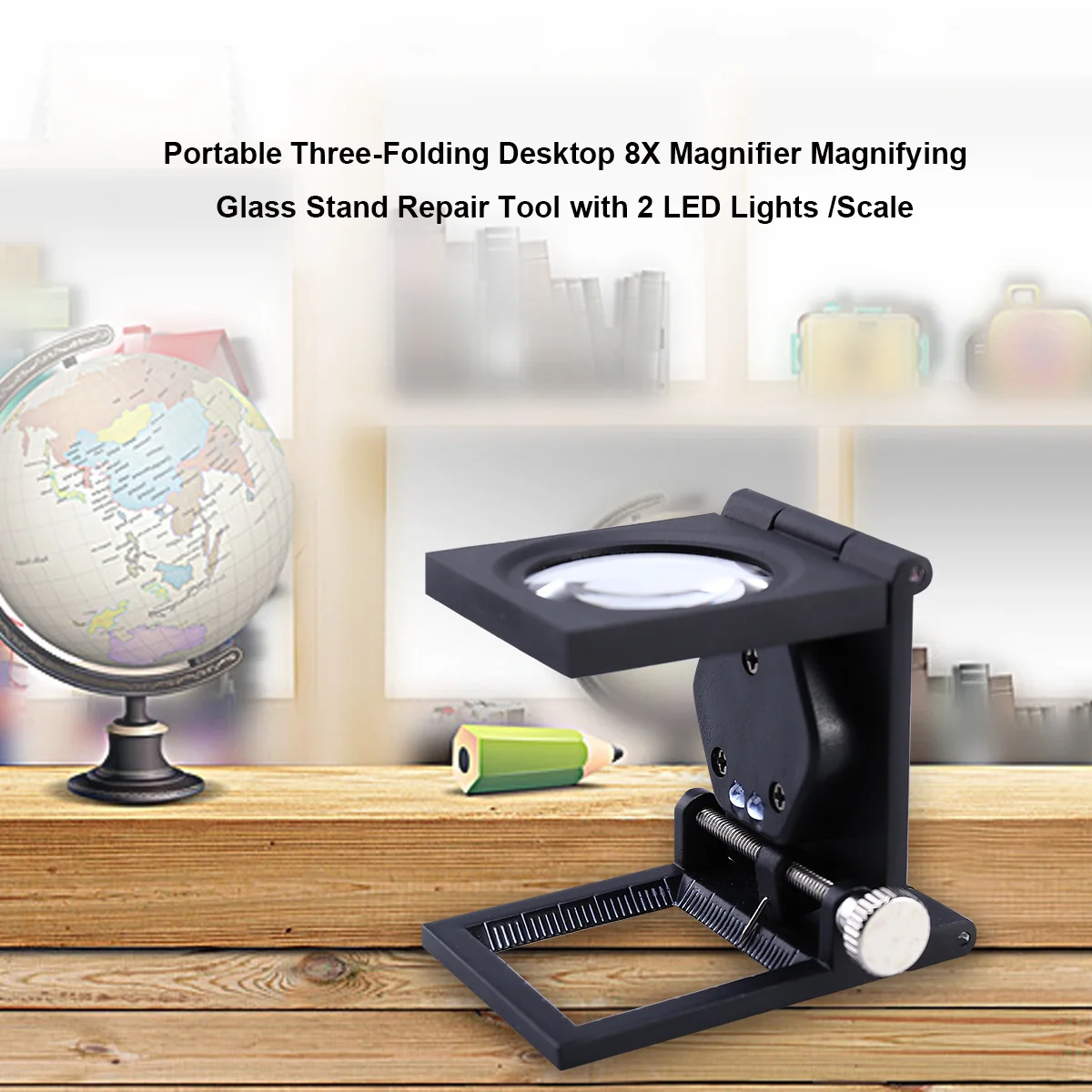 عدسة مكبرة محمولة ثلاثية قابلة للطي 8x باللون الأسود الصلب ABS عدسة زجاجية بصرية LED عدسة مكبرة مضيئة لقراءة الخرائط #3
