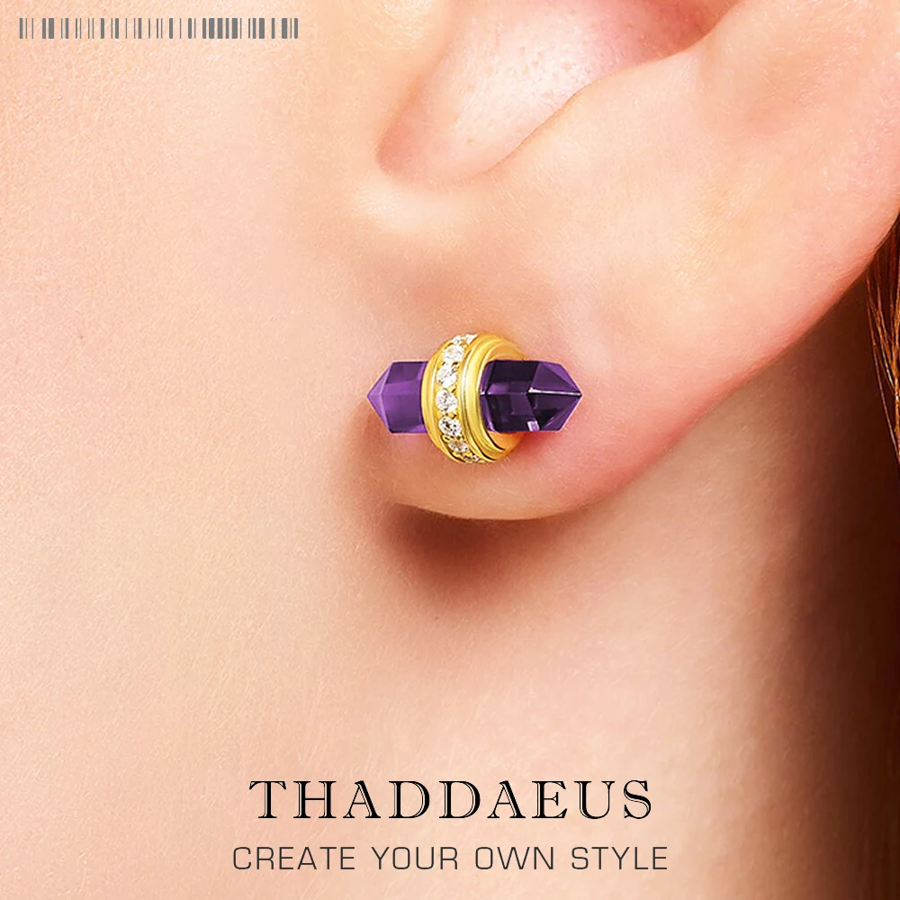 

Imitation Amethyst Stone Gold Plated Stud Earrings Europe Bohemia Fine Jewerly For Women Gift In Real 925 Sterling Silver
