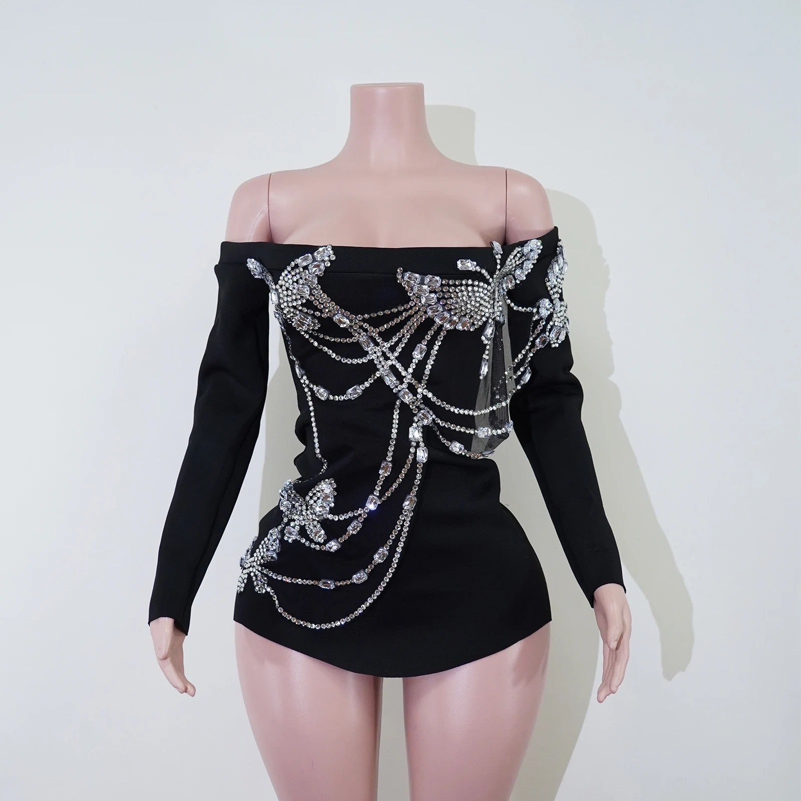 Sexy Rhinestone Butterfly Stage Costume Sparkly Crystal Cutout Black Mini Dress Bar Singer Dancer Performance Gogo Design Outfit