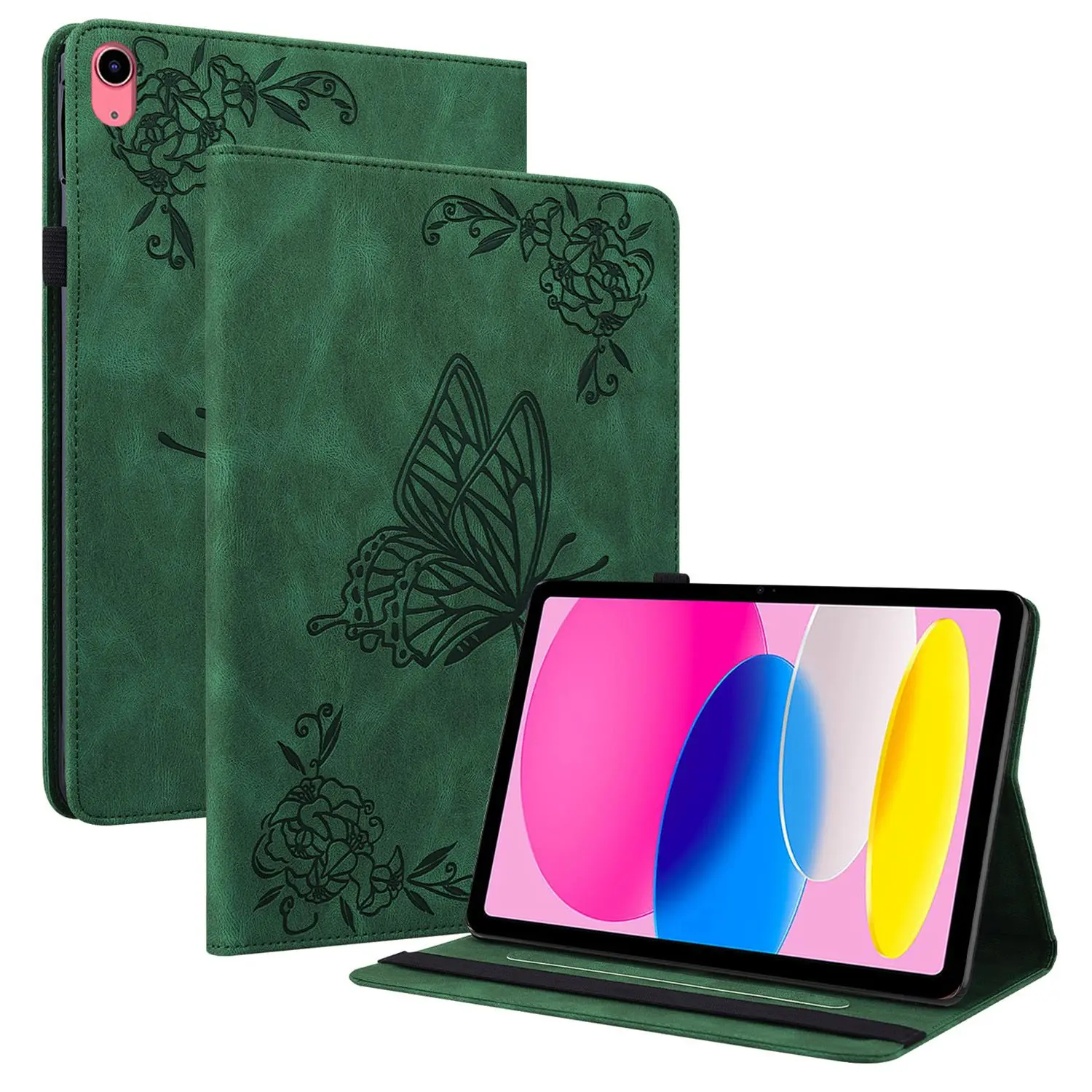 

For iPad (2025) / 10.9 (2022) Butterfly Flower Imprinted PU Leather Card Holder Stand Smart Tablet Case with Pencil Holder - Gre