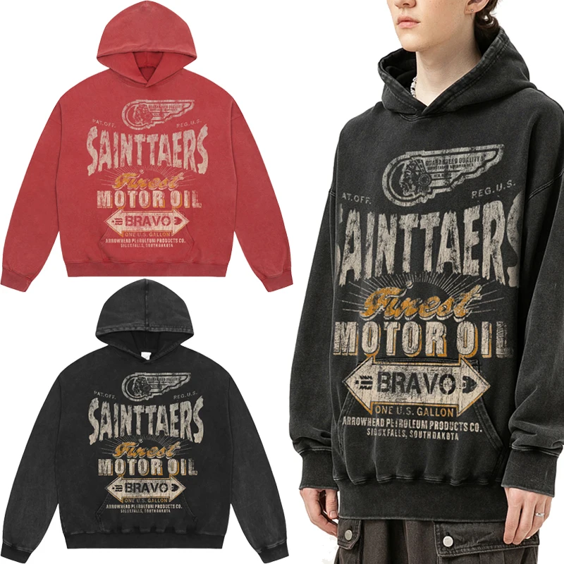 Autumn Vintage Saint Printing Hoodie Men Women High Quality SAINT Kangaroo Pockets Hooded Casual Washed Sweatshirts