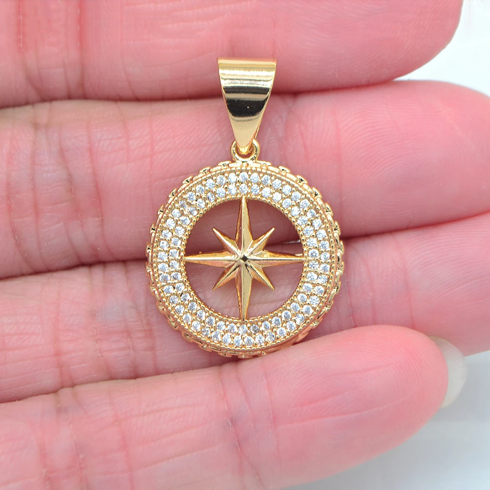 High Quality Gold Color Clear Cubic Zirconia Bling Hollow Round Star Pendant Jewelry