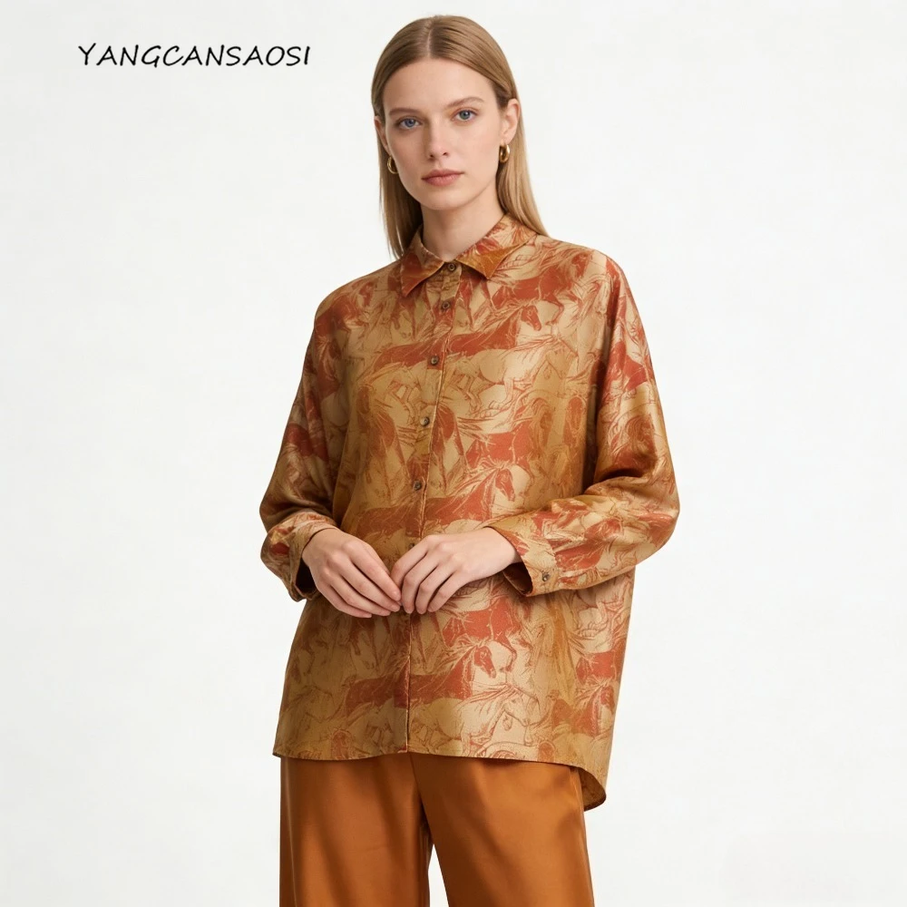 

2026 Women's Spring Fashion New 100% Natural Mulberry Silk Song Brocade Horse Printed High Grade Square Neck Long Sleeve Shirt