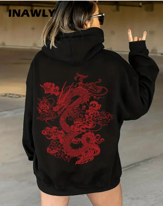 

2025 NEW Chinese Loong Women Hoodies Cartoons Oversize Hoodie Harajuku Comfortable Woman Hoody Loose Warm Pullover Clothes