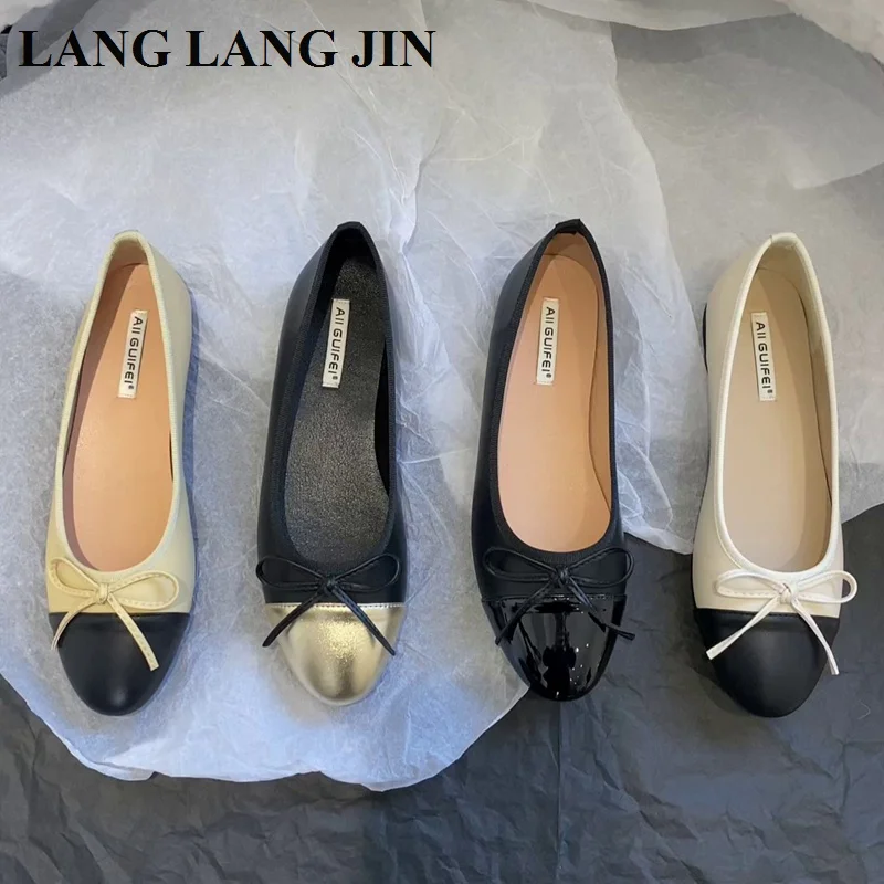 Fashion Round Toe Flat Casual Shoes Women Flats Ballet Female Bow Ballerinas Soft Moccasins Brand Black With Beige Classic Mujer