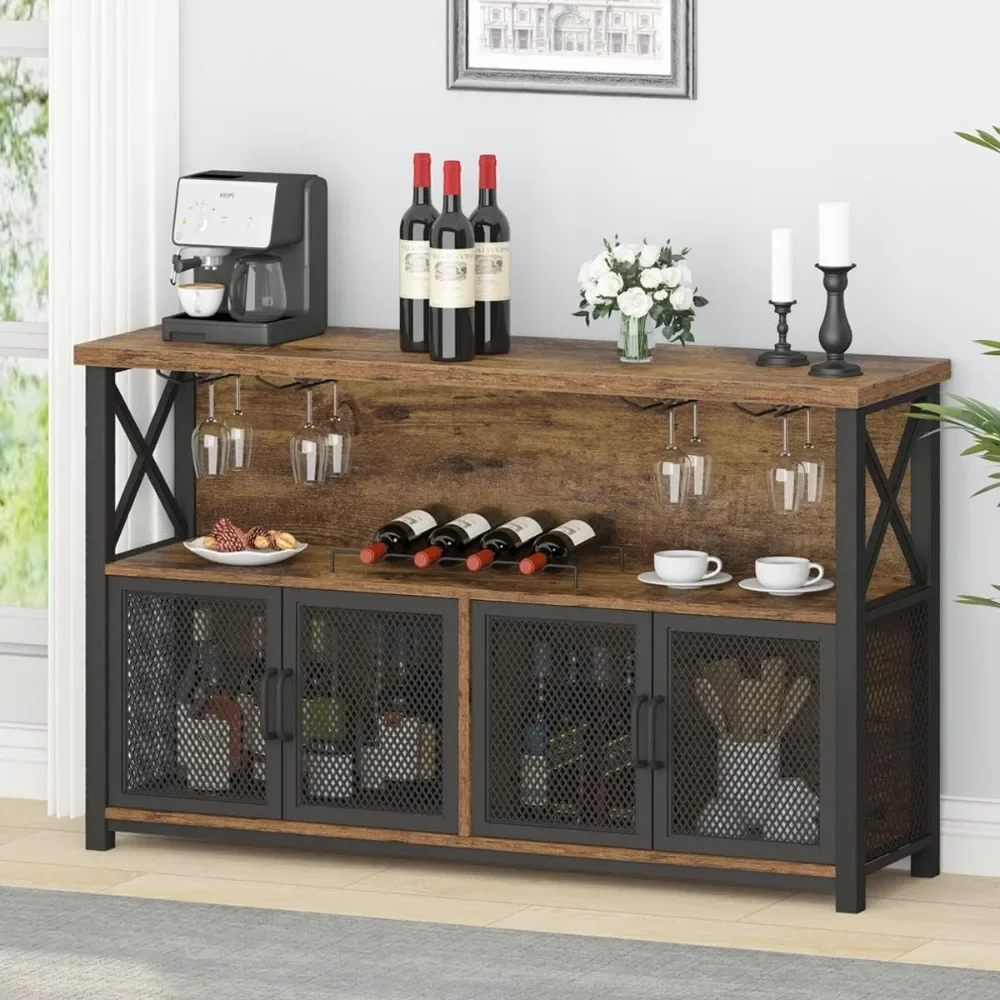 Industrial Coffee Bar Cabinet, Farmhouse Wine Bar Cabinet for Liquor and Glasses, Metal Wood Sideboard Buffet Liquor Cabinet