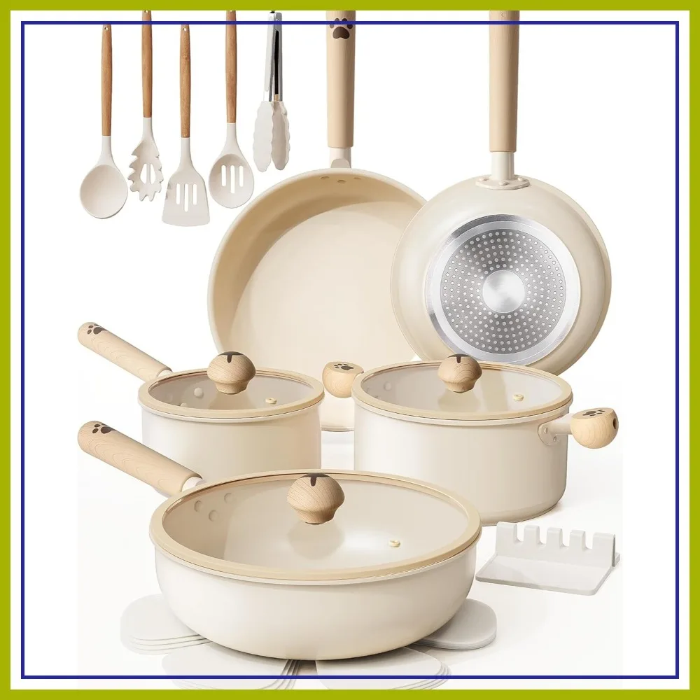 

18 Pcs Non Stick Pots and Pans Set, Ceramic Cookware Non Toxic, Dishwasher Safe Induction Cookware for Everyday Cooking