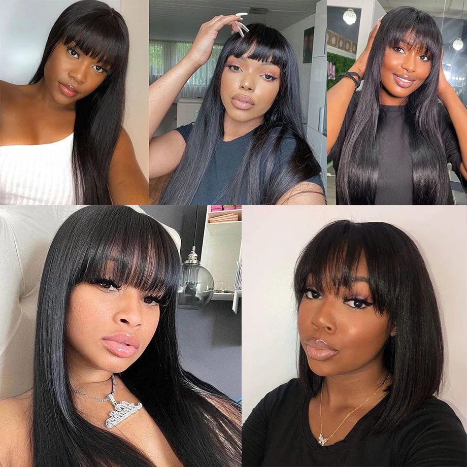 30 Inch Full Machine Made Human Hair Wig With Bangs Brazilian Straight Hair Wigs For Black Women Cheap Short Bob Wig 150 Density