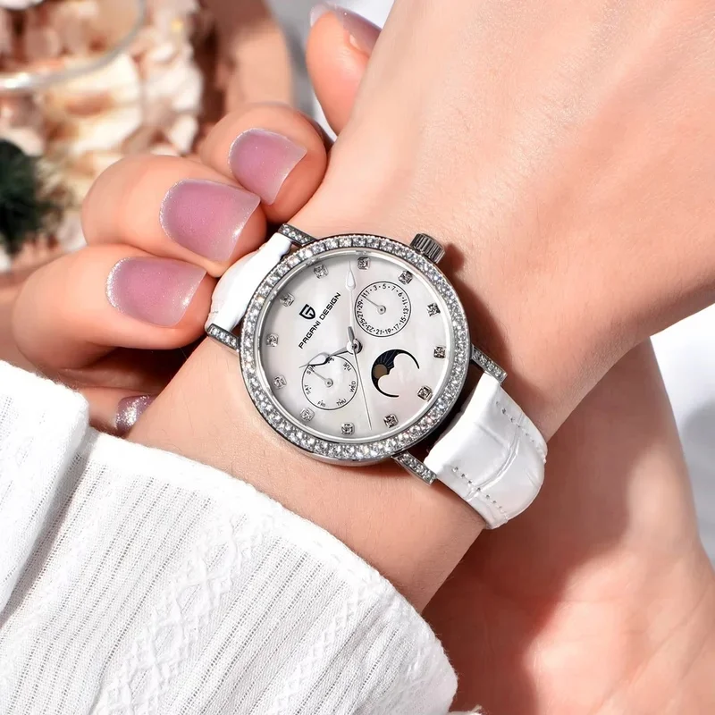 PAGANI DESIGN PD-1789 Ladies Quartz Watch, Japan EPSON VX3HA, AR-Coated Sapphire Crystal, Leather Strap, 50M Water Resistant