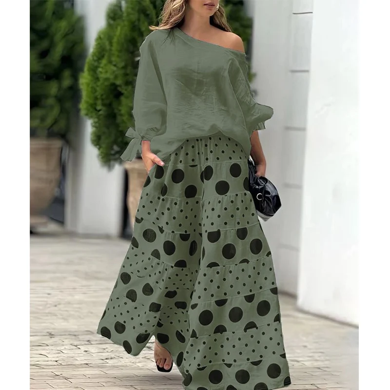 New Casual Women's Suit Long Sleeves A One-shoulder Neck Loose Top Polka Dot Wide-leg Pants Sets Fashion Summer Two-piece Set