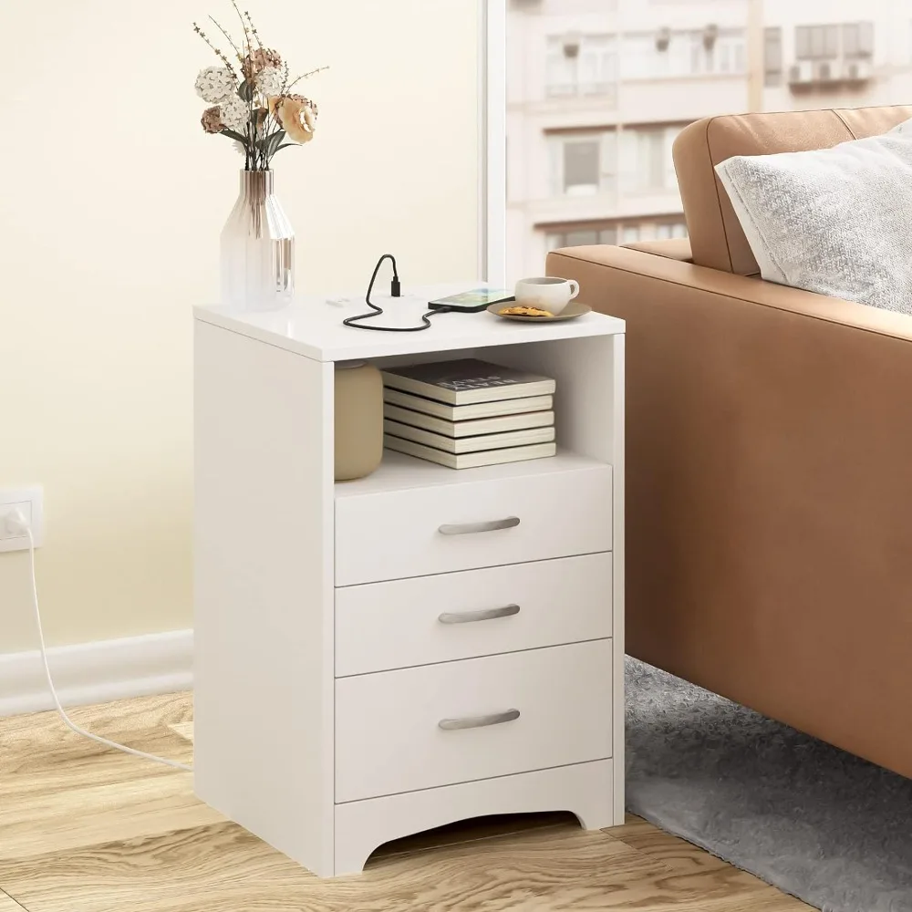 

White Nightstand With Charging Station Bed Side Table Modern End Side Table With 3 Drawers Night Stands Living Room Cabinet Home