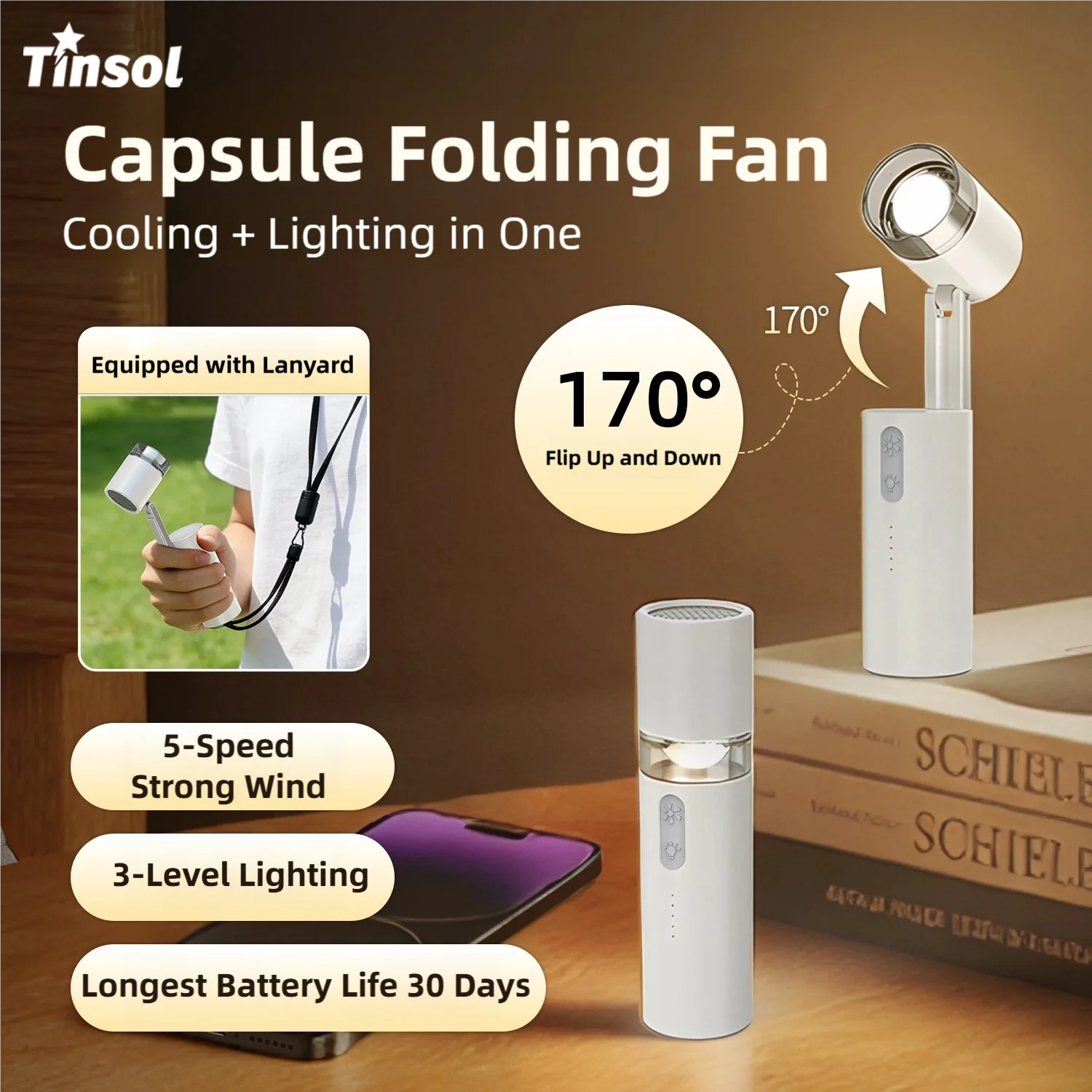 TINSOL Capsule mini handheld electric fan, 3000mAh battery with lighting function, portable outdoor high-speed turbo fan