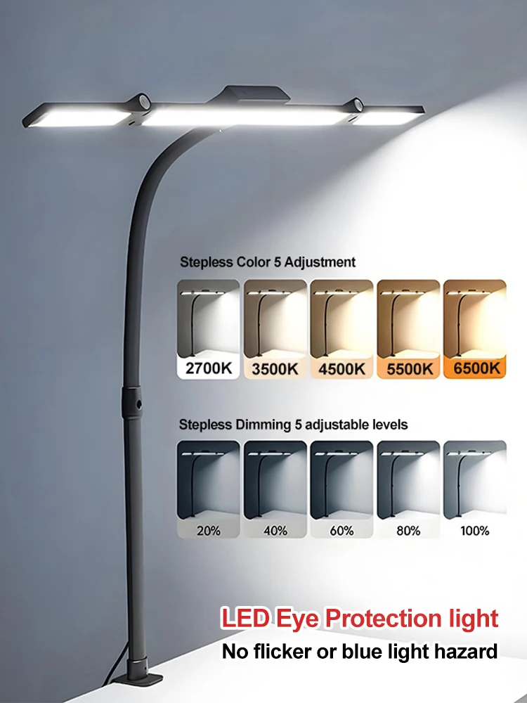 LED-Schreibtischlampe für das Home Office mit drei Köpfen, stufenlose Dimmung, augenschonende Leselampe, 5 Farbmodi, flexibel einstellbare PC-Tischlampe mit Klemme, Vollspektrum-Computermonitorlampe