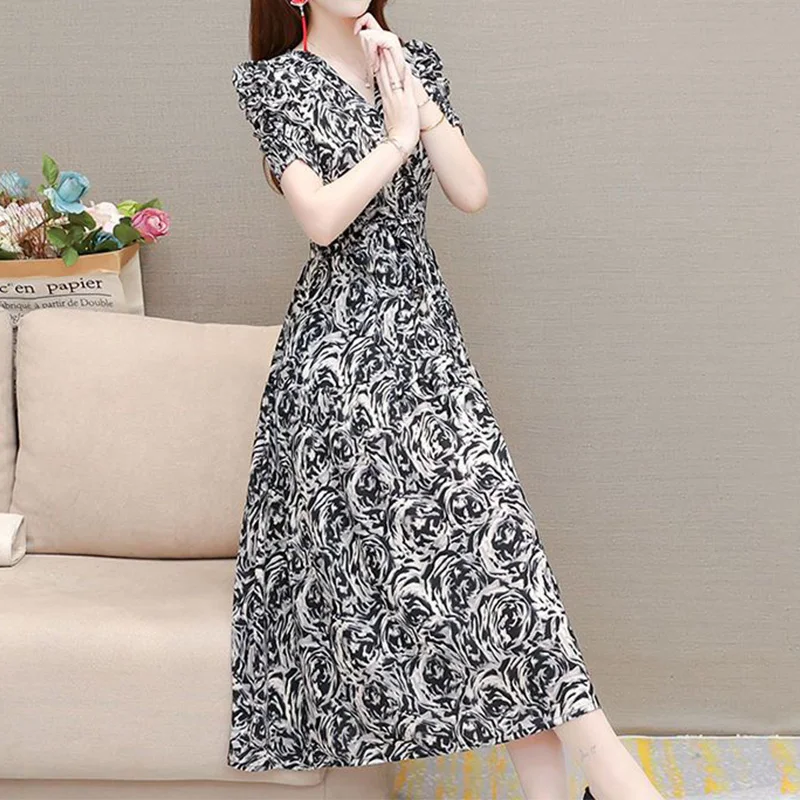 2023 Summer New Style Temperament Women\'s Clothing Lacing Fashion V-Neck Printing Short Sleeve Splicing Pockets Slim Midi Dress