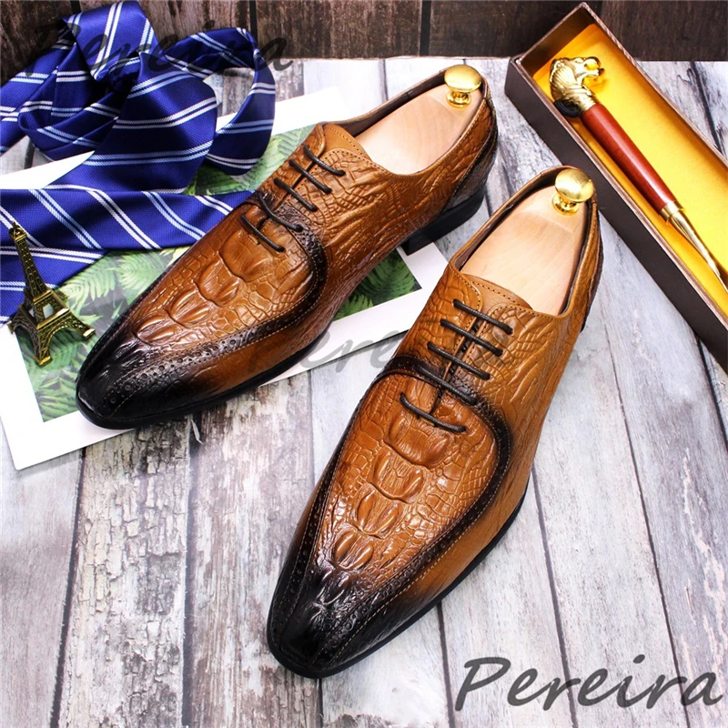 Black Brown Cowhide Crocodile Patterned Leather Shoes for Men British Pointy Toe Lace-Up Oxford Shoes Wedding Banquet Shoes