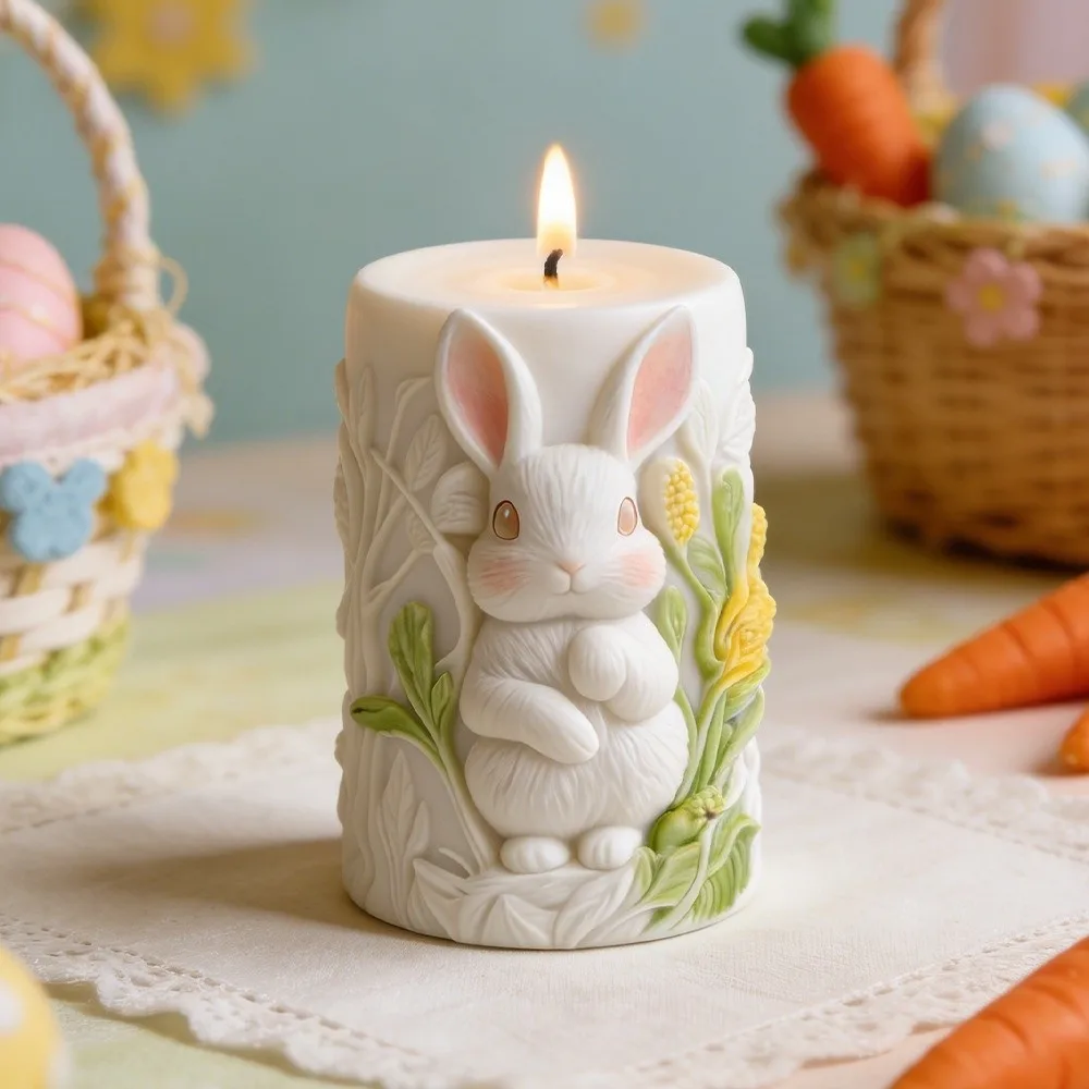 Cute Cartoon Rabbit Candle Mold Non-Stick Flower Column Easter Candle Mold Handmade Heat Resistant Cylinder Silicone Mold DIY