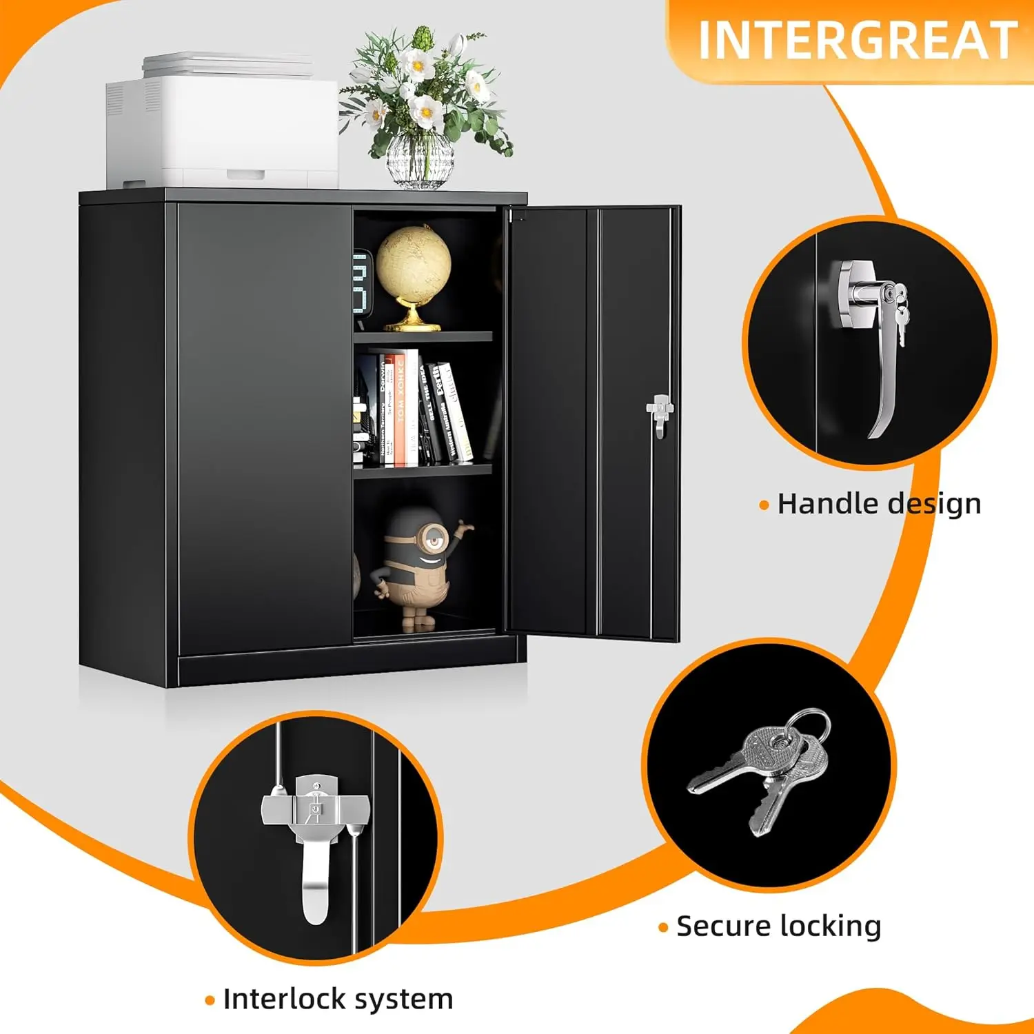 Metal Storage Cabinet with Locking Doors, Lockable Cabinet with 2 Doors and Shelves, Black Cabinet with Lock