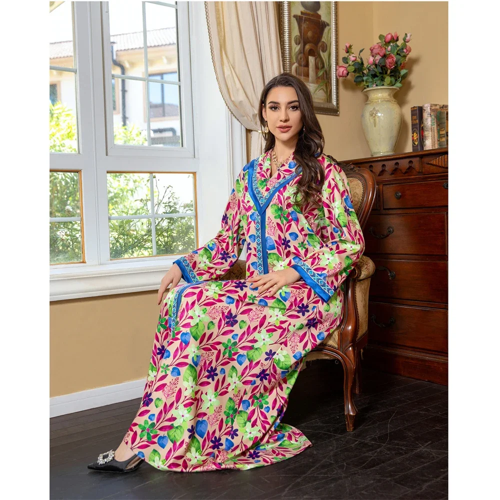 Mulheres muçulmanas abaya floral impressão diamante longo maxi vestidos turquia eid vestido de festa kaftan islâmico dubai árabe ramadan femme jalabiya