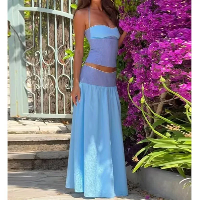 Color Block Halter Cami Top & Long Skirt 2 Piece Dress Set Halter Crop Top High Waist Flowy Maxi Skirt Vacation Outfit 260701