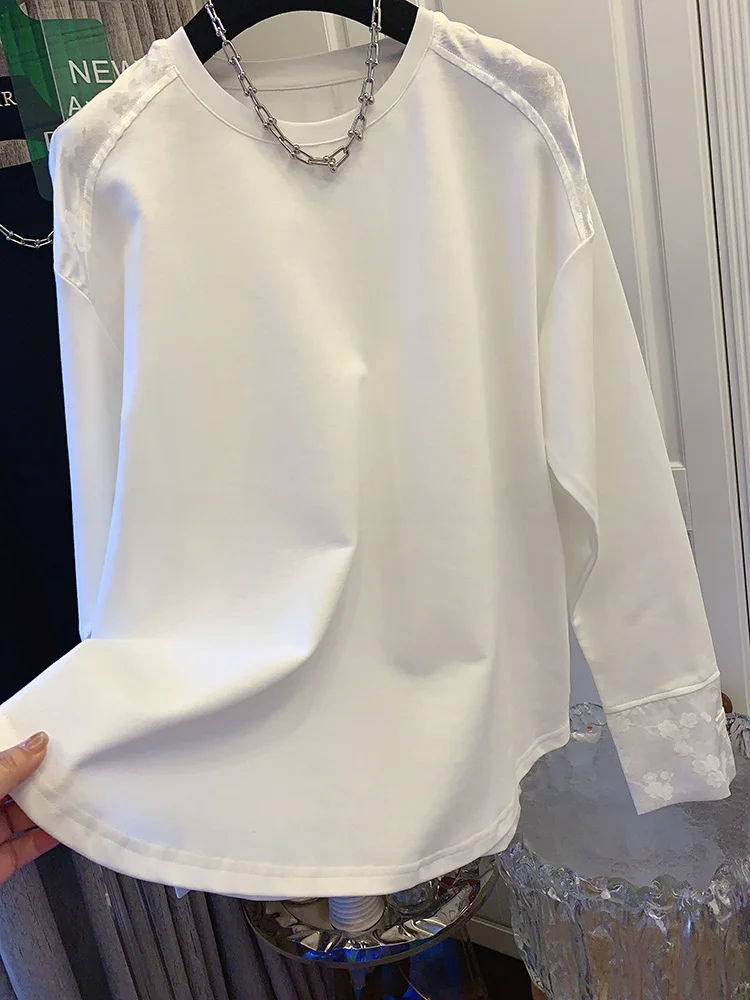 قميص نسائي فضفاض كبير الحجم 300 بو، بتطريز صيني جديد ورقعات، بأكمام طويلة، قطن نقي بلون واحد للربيع