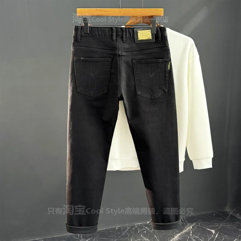 Embroidered black jeans for men, slim fit with small feet, trendy brand men's clothing, elastic autumn new casual long pants