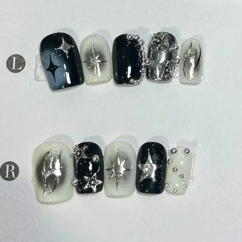 10 pçs curto legal quente unhas falsas preto halo tingimento estrelas de metal design dicas de unhas falsas y2k completo sobre unhas artificiais imprensa em