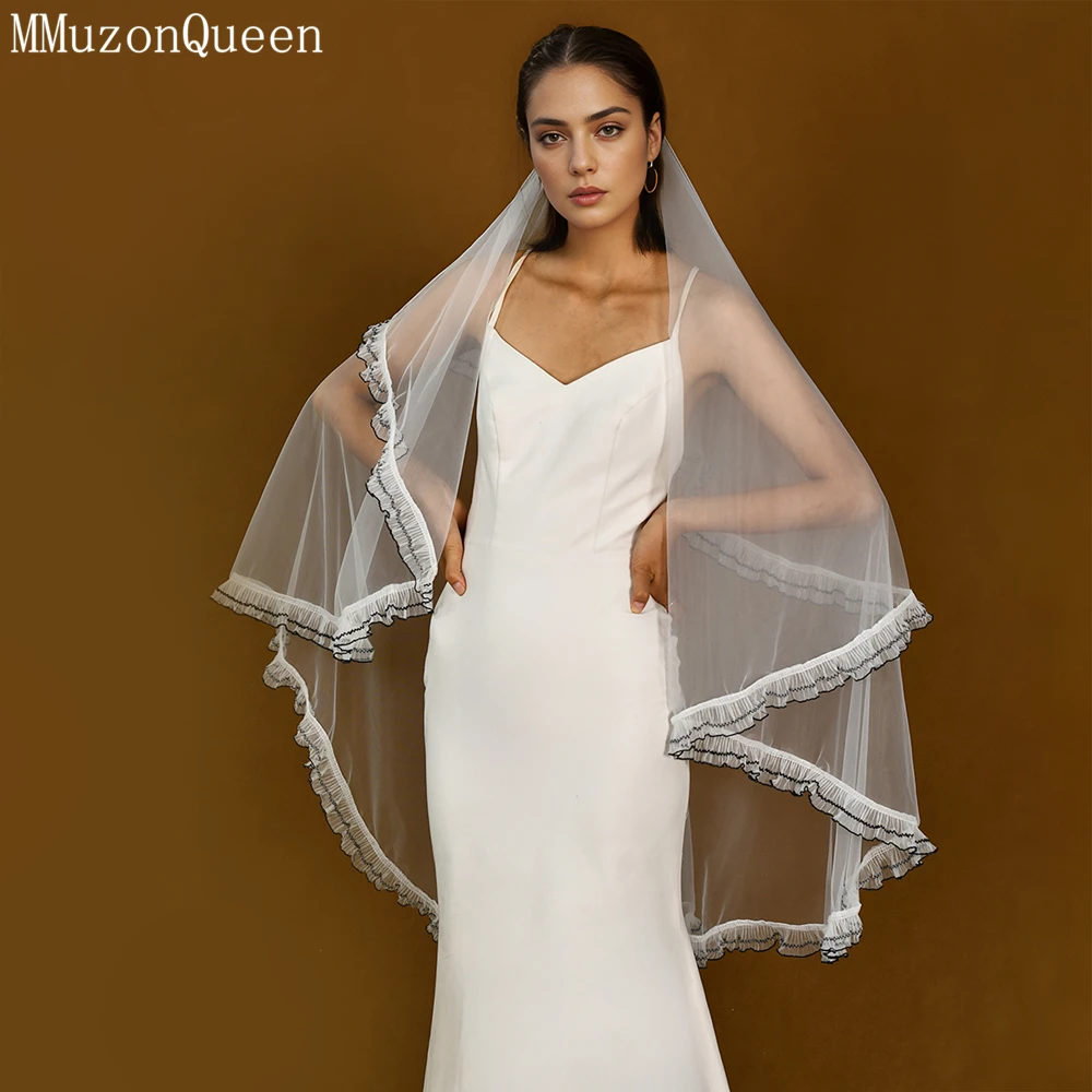 MMQ  New Veil Bride Black Edge Beige Gentle Medium Length Bride  Customized Double Shawl Cover vestidos de noviaM86