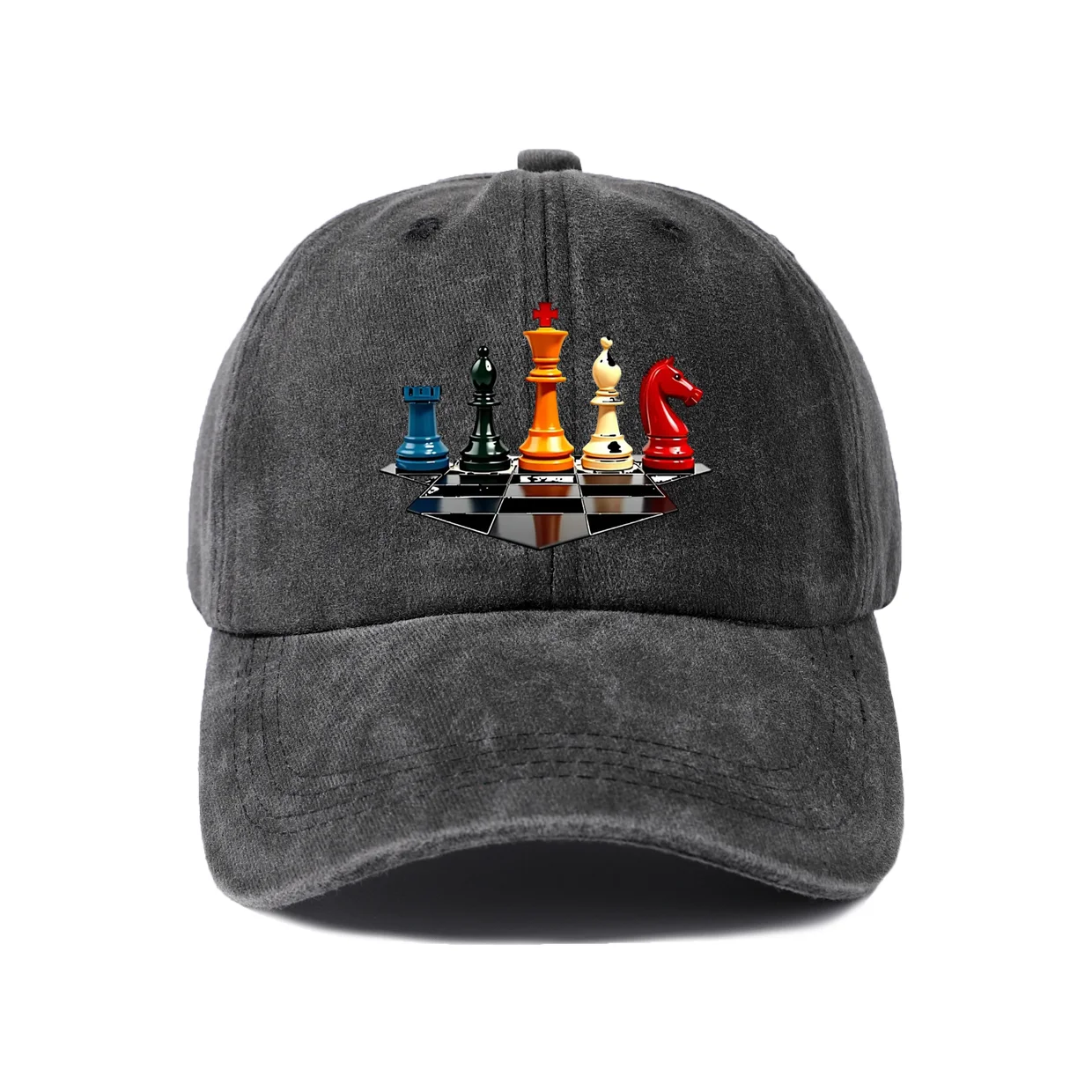 Colorful Chess Pieces Graphic Baseball Cap, Vintage Washed Adjustable Unisex Dad Hat, Streetwear Gift
