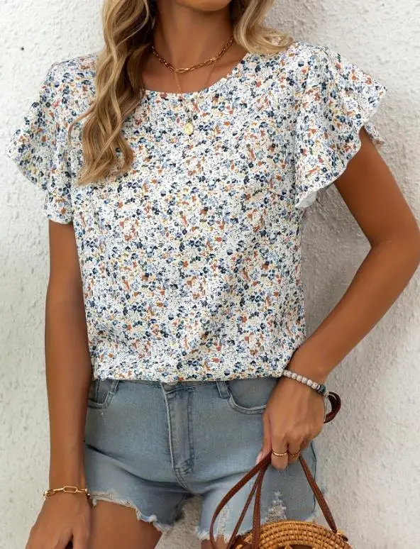 

2026 Summer New Item In Stock Women's Loose and Versatile Flower Round Neck Lotus Leaf Sleeve Short Sleeved Top