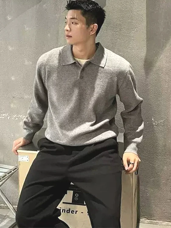 

American Sle irt Men Casual Workwear Knitted Wool Blend Sweatirt Turn-down Collar Lightweight Breathable Youthful