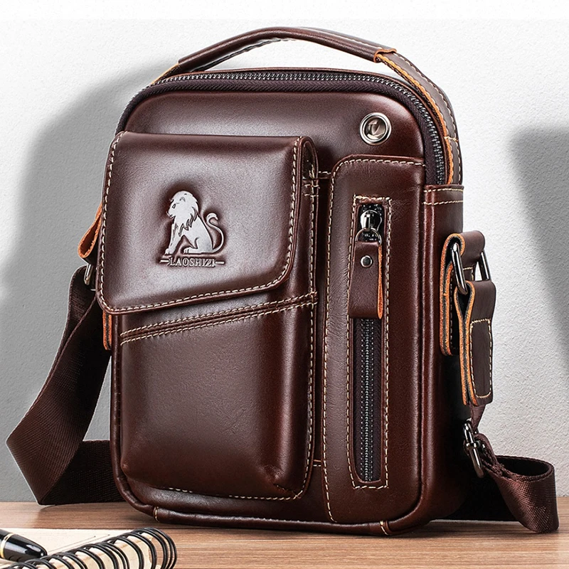 Men's new genuine leather crossbody bag large capacity solid color shoulder bag retro phone bag fashion high-end commuting bag