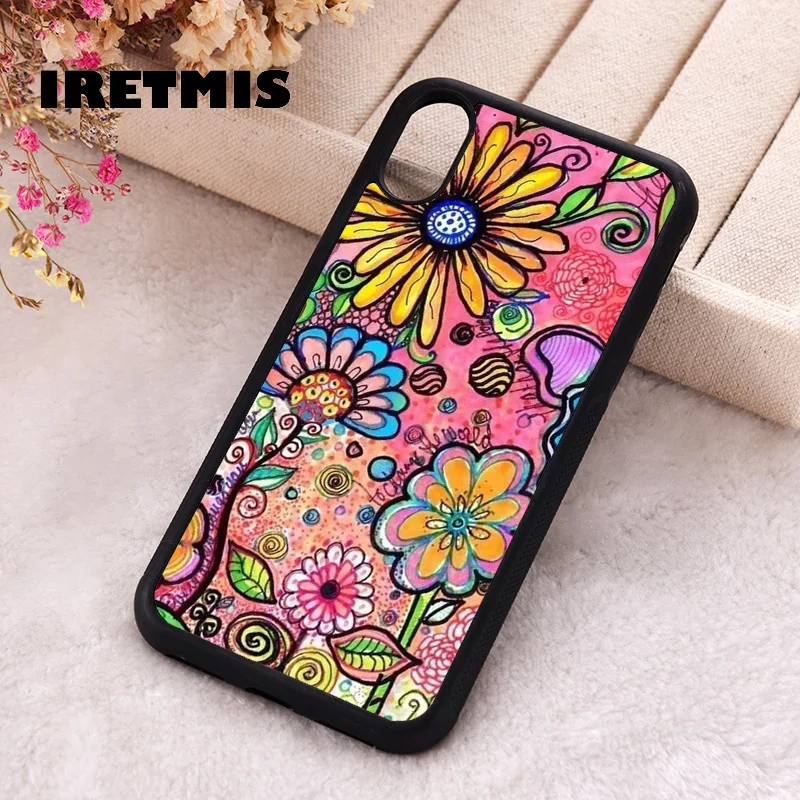 Iretmis Phone Cover Case For iPhone X XS Max XR 11 12 13 PRO MINI 14 15 16 Plus Rubber colorful psychedelic flower drawing