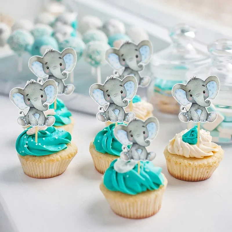 Creative Gender Reveal Printing Blue Pink Elephant Cake Cupcake Decoration Insert Card Baby Birthday Party Theme