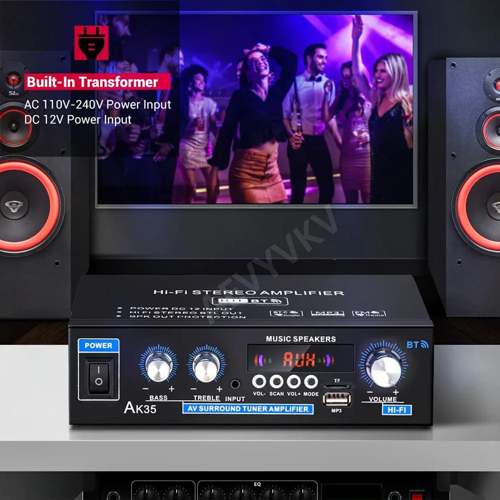 Amplificador de Potência Doméstica com Bluetooth, Amplificadores de Áudio HiFi Digital, Amplificador Baixo, AK35, 100-240V, 12V, FM, USB, CH 2.0