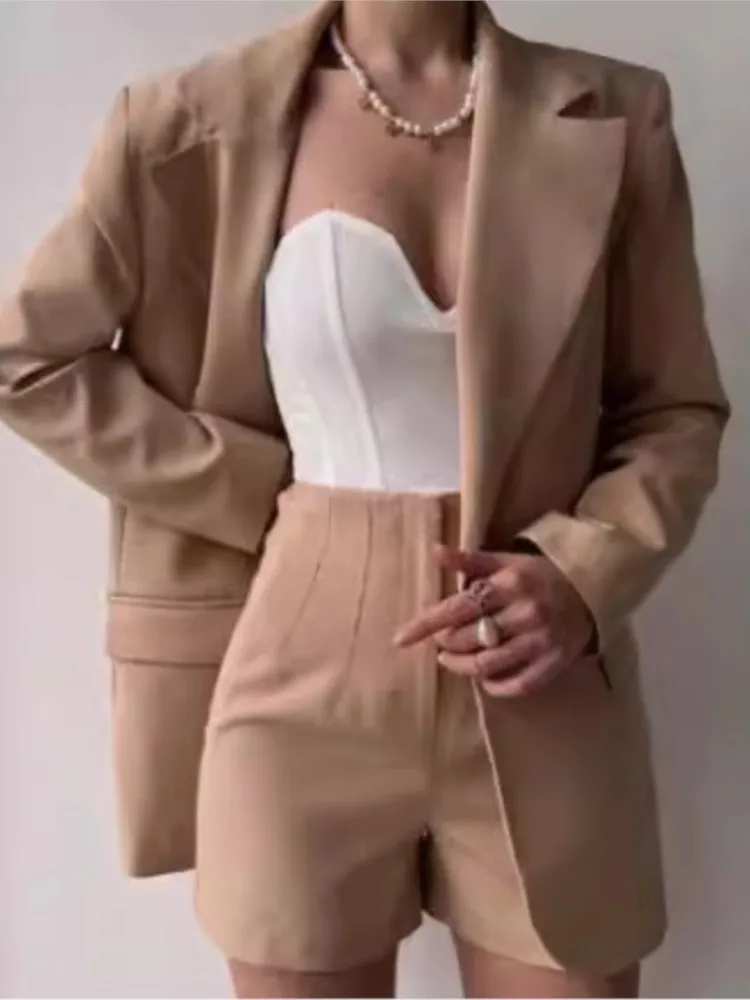 Blazer solido primavera estate Abito slim a due pezzi Donna Elegante colletto dentellato Blazer a maniche lunghe Top e pantaloncini con cerniera Abiti da festa