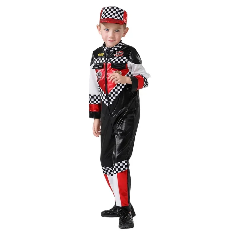 Child Race Car Driver Costumes Carnival Boys Girls Racer Jumpsuit with Car Cap Sunglasses Kids Halloween Costume Cool Streewear