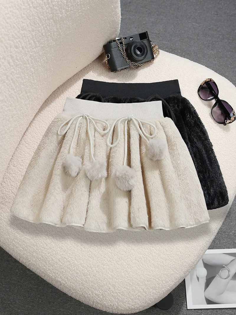 Autumn Winter Plush Short Skirt For Women American Trend Spicy Girl Solid Color Pleated Sweet Bow Lace-up Thicken Skirts