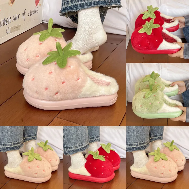 

Strawberry Plush Slippers Y2K Women Warm Cotton House Shoes Fruit Slippers Thick Sole Non-Slip Winter Slippers Home Outdoors New