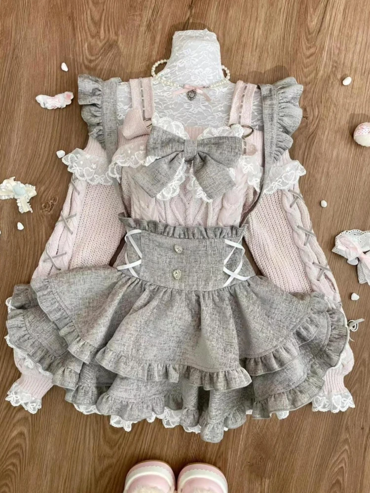 Зимние рождественские милые комплекты из трех предметов в японском стиле Лолиты, женский вязаный свитер + нечеткая плащ + юбка на бретелях, новые модные теплые милые костюмы