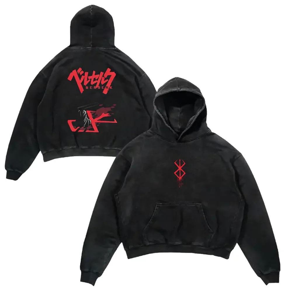 

Anime Berserk Retro Washed Hoodies Black Guts Print Vintage 100_ Cotton Hooded Sweatshirts Oversize Hip Hop Male Pullover