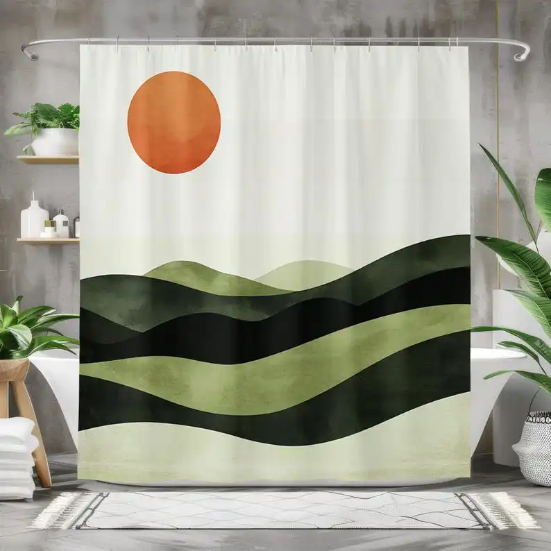 

Modern Minimalist Bath Curtain Abstract Landscape Bathroom Decor Waterproof Fabric Shower Curtain Green Hills and Sun Design