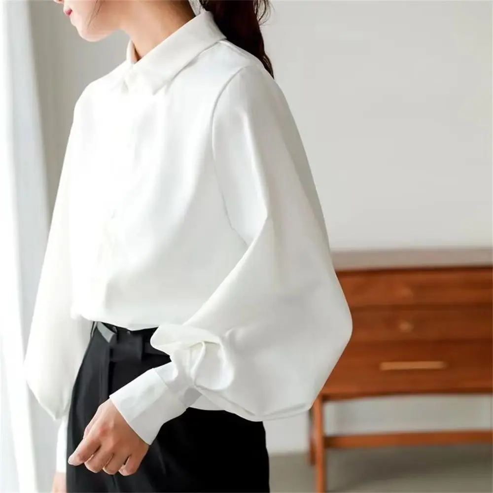 

Shirts Women Lantern Sleeve Loose Turn-down Collar Simple Solid Feminino Blouses Korean Style Autumn All-match Fashion ZY6343