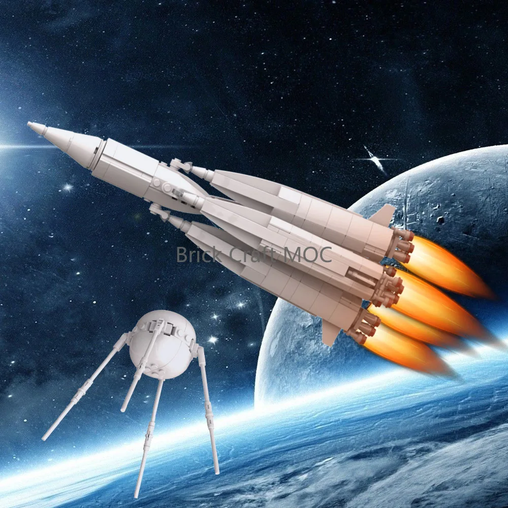 

MOC Historic R-7 Rocket & Sputnik 1 Satellite Building Blocks Set - 1957 First Artificial Satellite Model Kit for Space