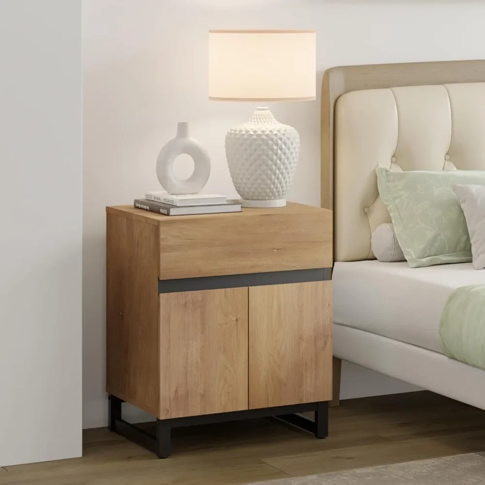 

Nightstand with 1 Drawer & 1 Storage Cabinet, Modern Bedside Table with 2 Open Door for Bedroom, Wood Rustic Side End Tab