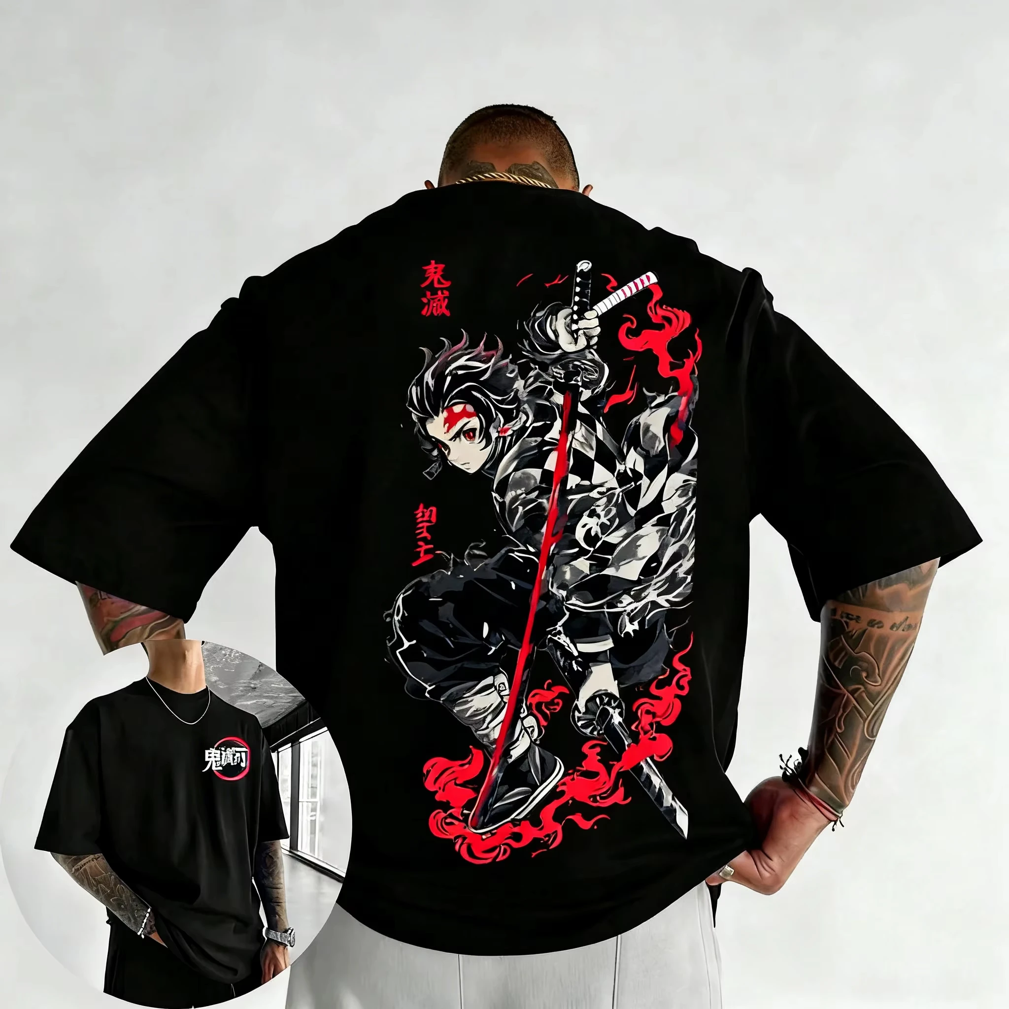 

Летняя мужская футболка Demon Slayer Tanjiro с аниме-принтом, универсальный модный уличный стиль Y2K в стиле Харадзюку