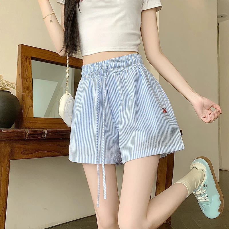 Embroidery Letter Women's Shorts Korean Style Striped Print Woman Trousers 2026 Summer New All-match Oversized Shorts Casual