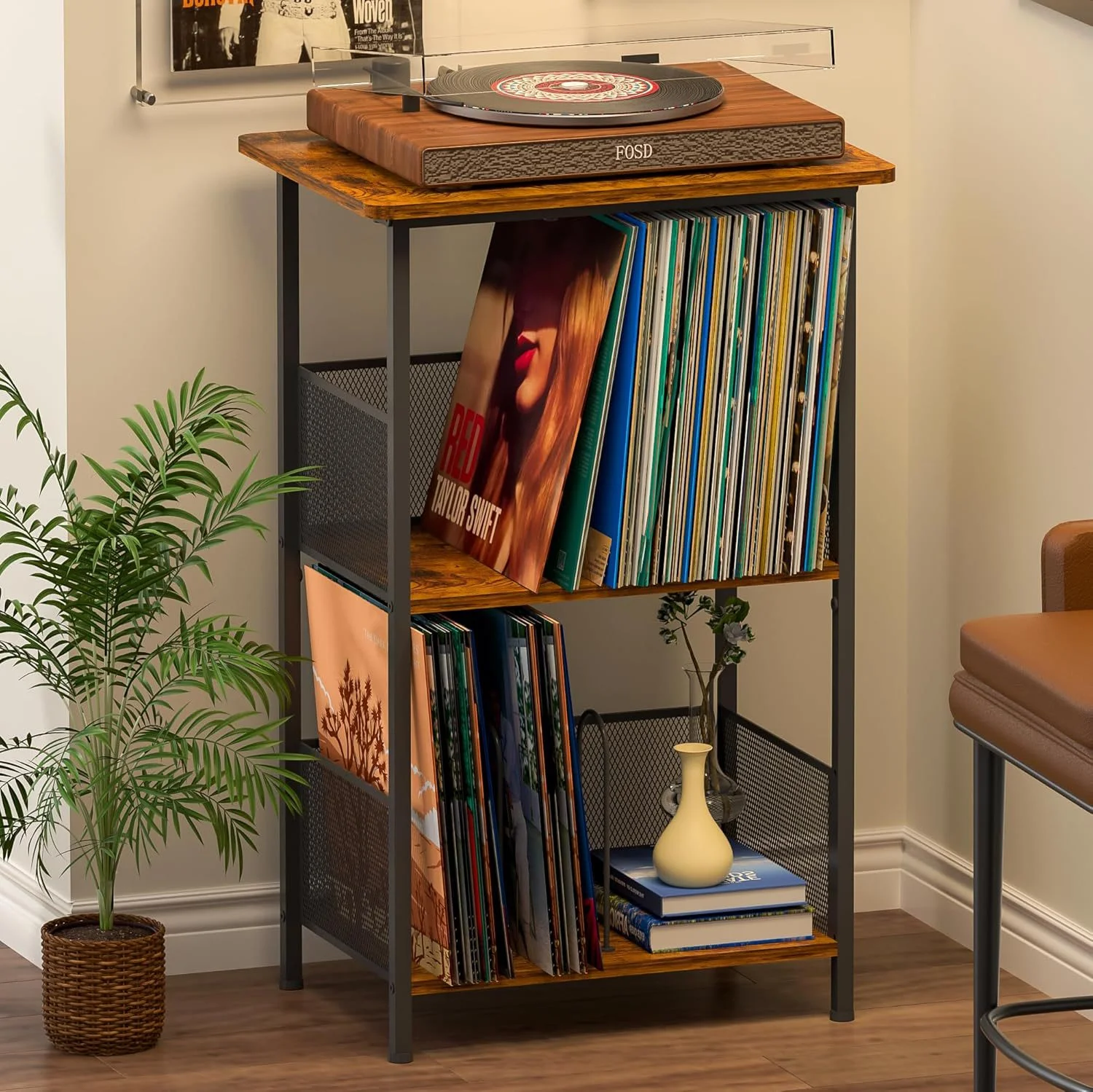 Rolling Vinyl Record Storage Holder End Table 3-Tier Record Storage Turntable Shelf Record Player