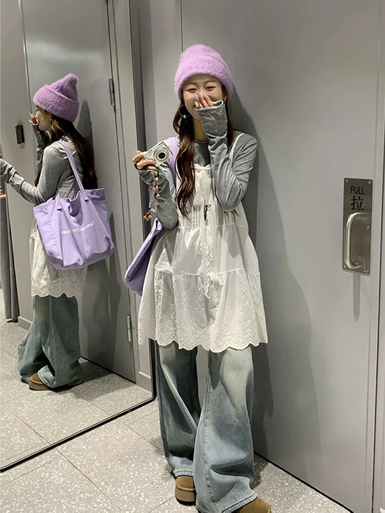 Vestido cropped de renda branca com saia em camadas, estilo coreano, com nó borboleta vazado, modelagem A, cintura alta, para...