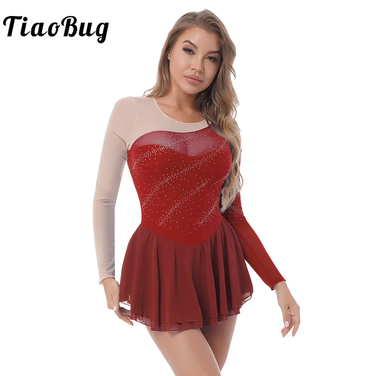 

Figure Ice Skating Dress for Women Rhinestones Long Sleeves Gymnastics Skirted Leotard Ballet Dancewear Performance Costume