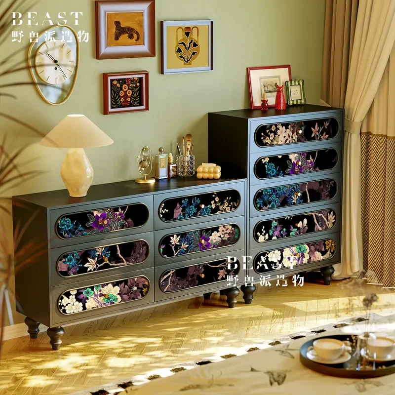 Medieval Night Court Flower Shadow Solid Wood Chest of Drawers Living Room Entrance Storage Cabinet Bedroom Decorative